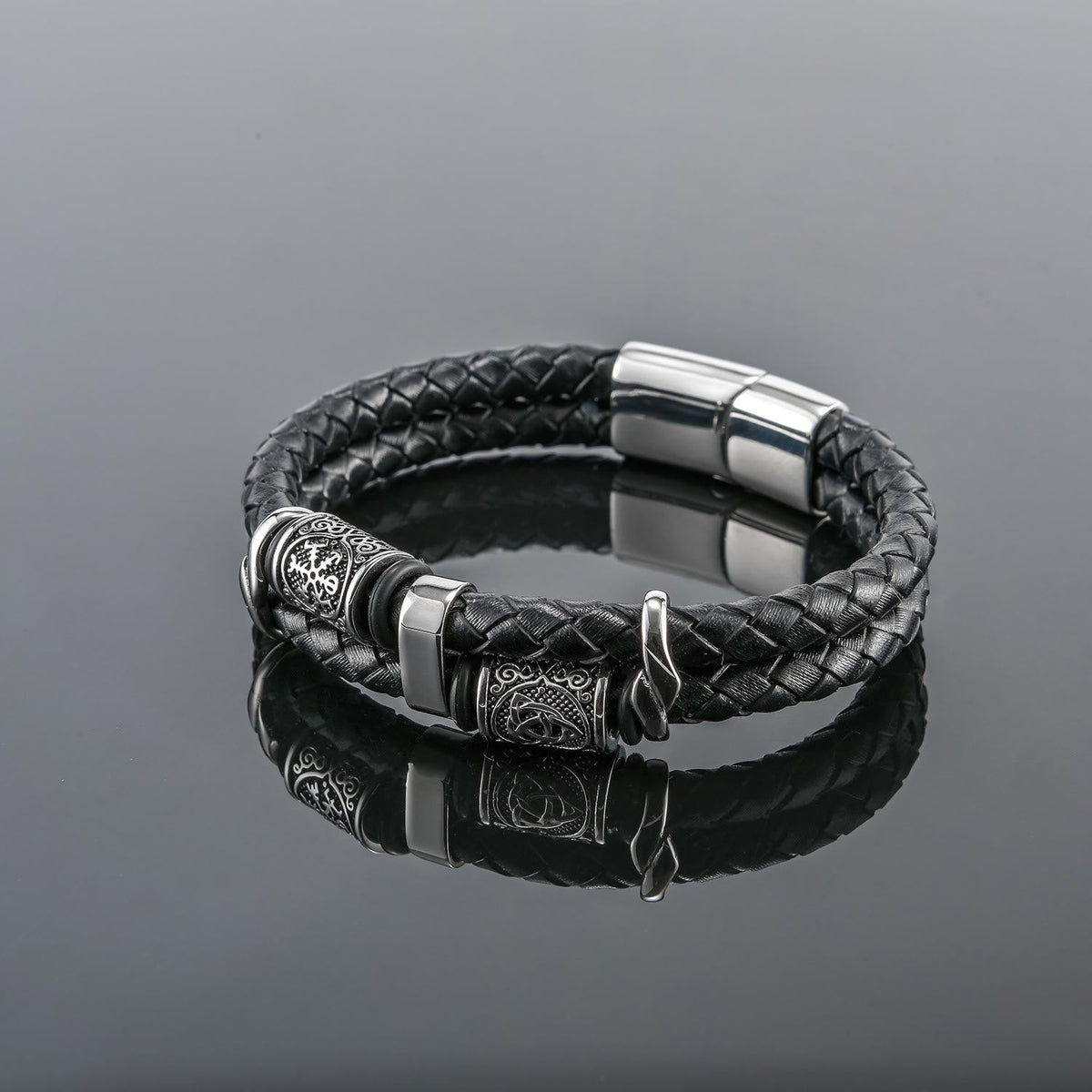 Norse Symbol Magnetic Clasp Braided Leather Bracelet