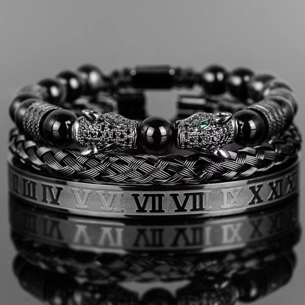 Double Leopard Head Roman Numerals Beaded Bracelet