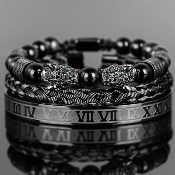 Double Leopard Head Roman Numerals Beaded Bracelet
