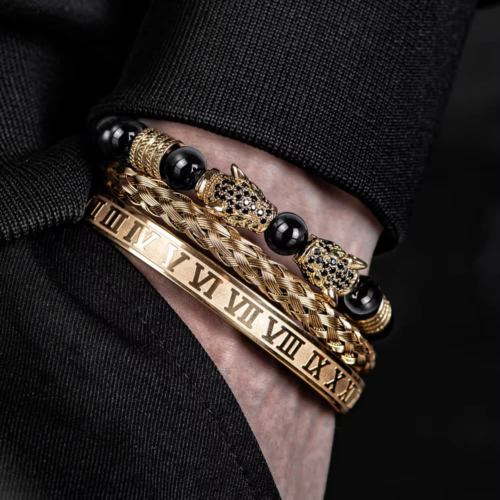 Double Leopard Head Roman Numerals Beaded Bracelet
