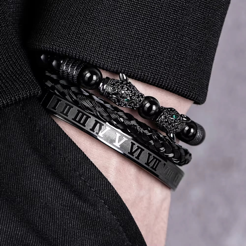 Double Leopard Head Roman Numerals Beaded Bracelet