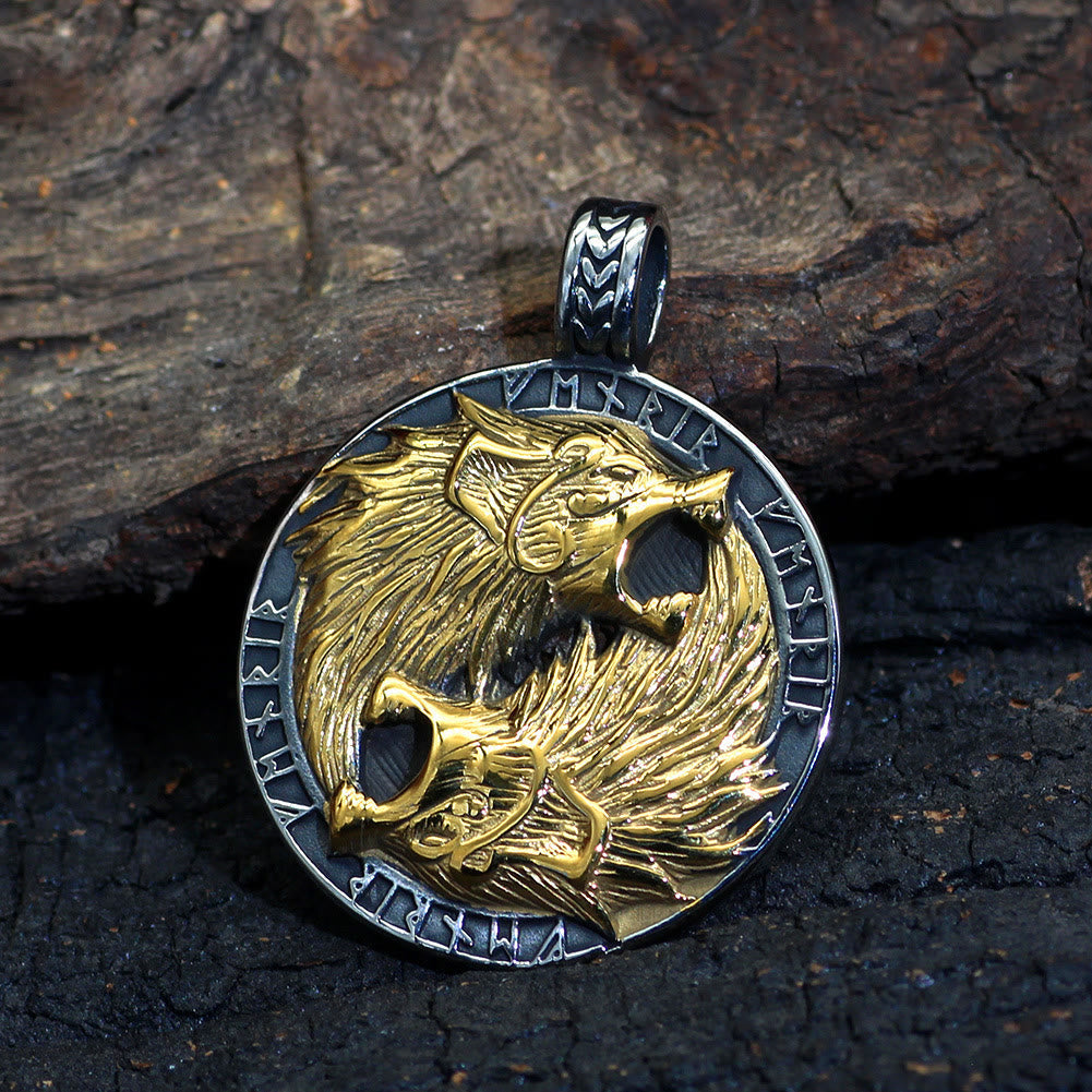 Odin's Wolves with Runic Inscription Necklace