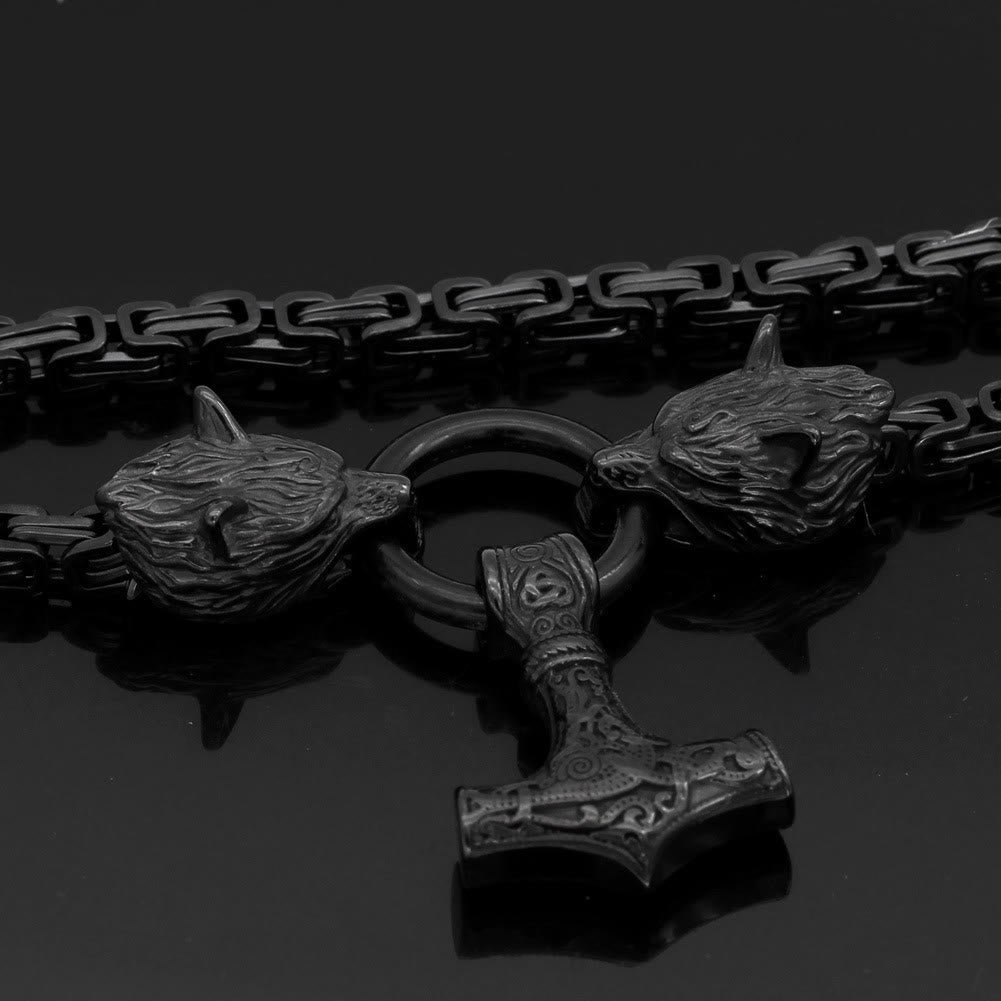 Viking Style Wolf Head Mjolnir Necklace