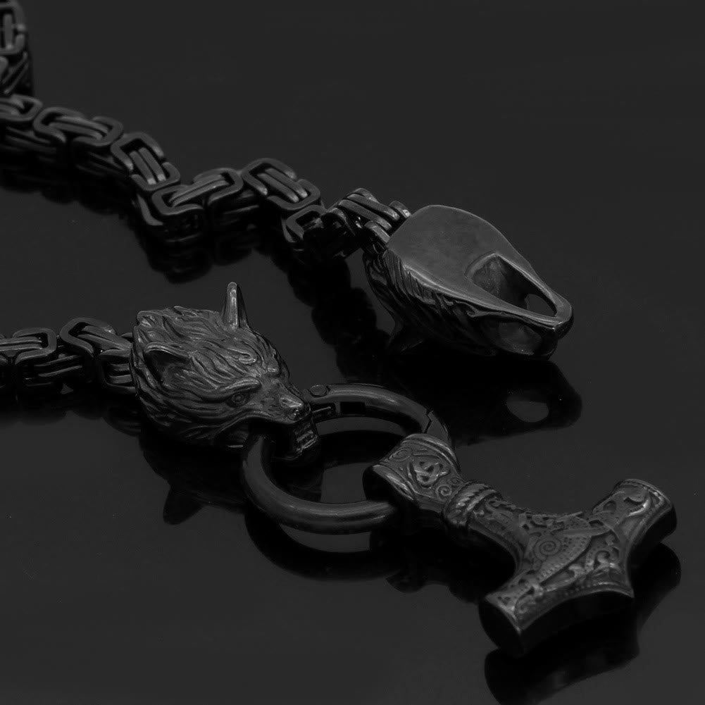 Viking Style Wolf Head Mjolnir Necklace
