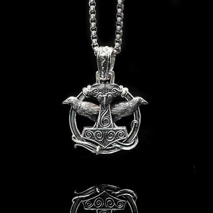 Handcrafted 925 Silver Mjolnir Huginn and Muninn Necklace