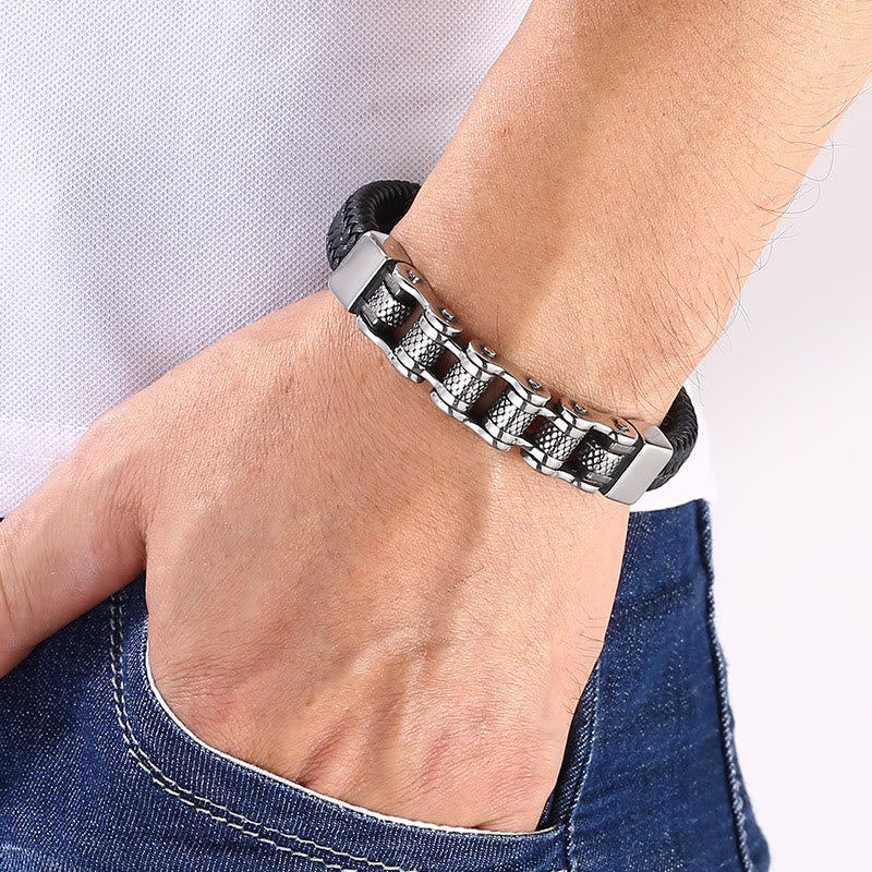 Interwoven Steel Chain Leather Bracelet