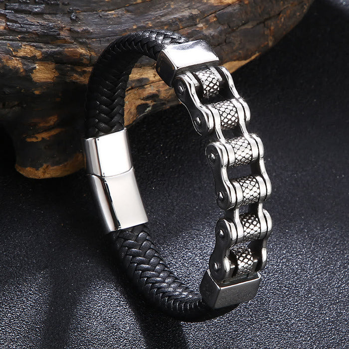 Interwoven Steel Chain Leather Bracelet