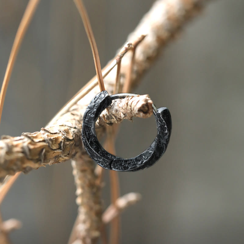 Handcrafted 925 Silver Viking Textured Black Hoop Earrings