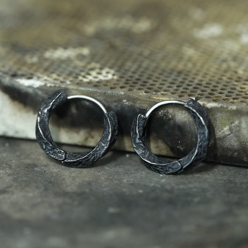Handcrafted 925 Silver Viking Textured Black Hoop Earrings