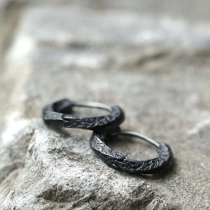 Handcrafted 925 Silver Viking Textured Black Hoop Earrings