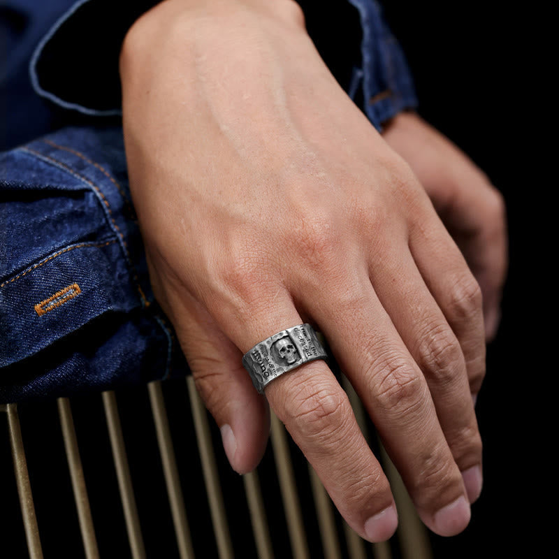 Handcrafted 999 Silver Skull Encrusted Inscribed Artisan Ring