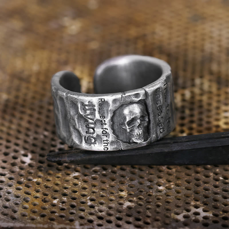 Handcrafted 999 Silver Skull Encrusted Inscribed Artisan Ring