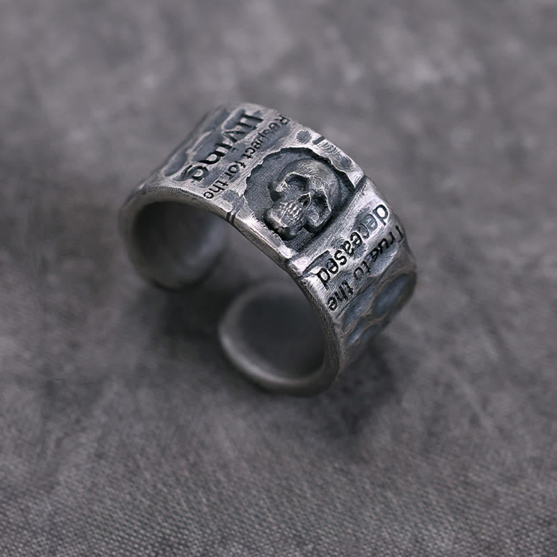 Handcrafted 999 Silver Skull Encrusted Inscribed Artisan Ring