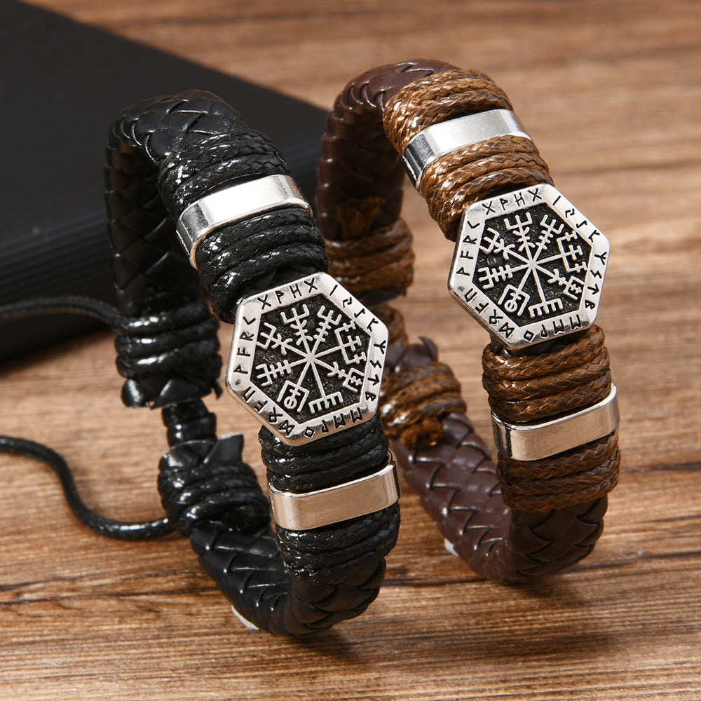 Viking Rune Adorned Twisted Leather Bracelet