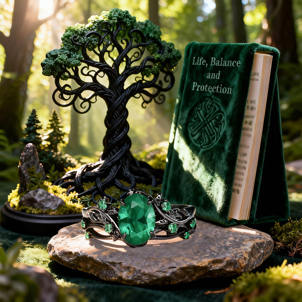 Yggdrasil Emerald Black Vines Ring Set