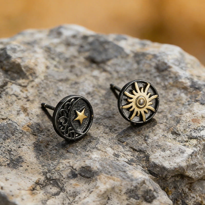 Sun Moon Star Carved Vintage Earrings