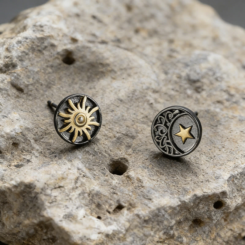 Sun Moon Star Carved Vintage Earrings
