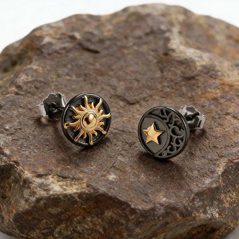 Sun Moon Star Carved Vintage Earrings