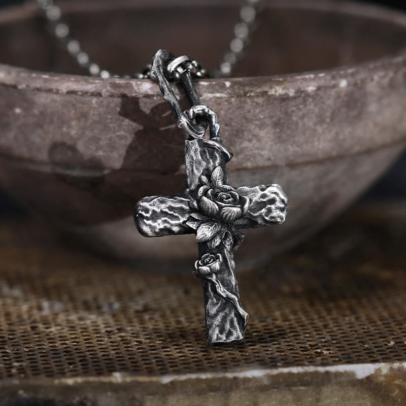 Handcrafted 999 Silver Thorn Cross Rose Necklace