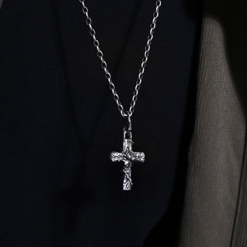 Handcrafted 999 Silver Thorn Cross Rose Necklace