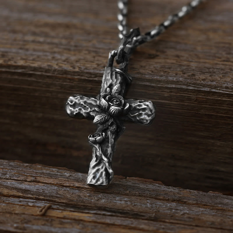 Handcrafted 999 Silver Thorn Cross Rose Necklace