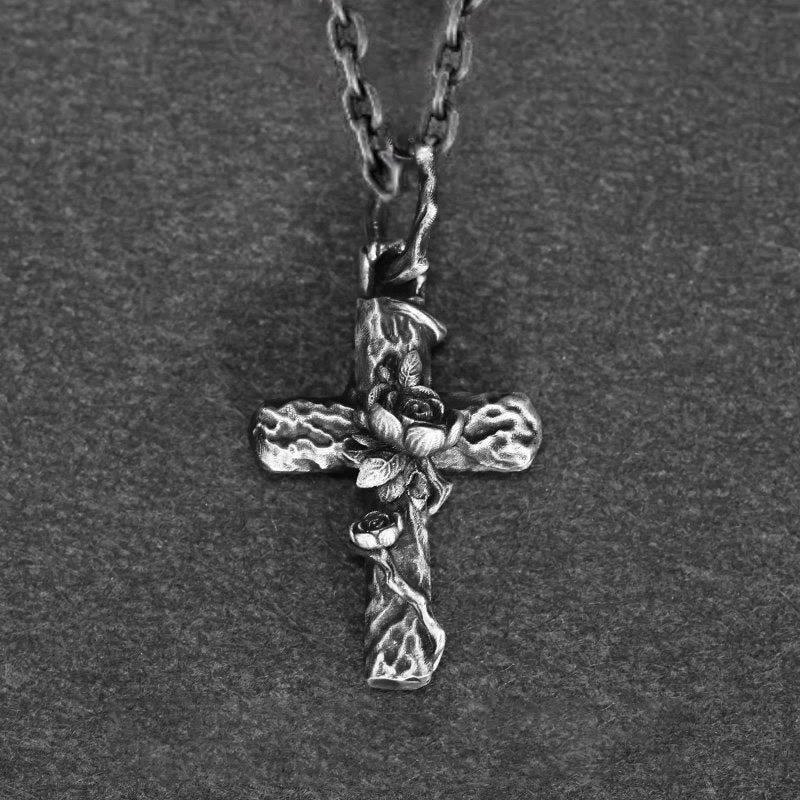 Handcrafted 999 Silver Thorn Cross Rose Necklace