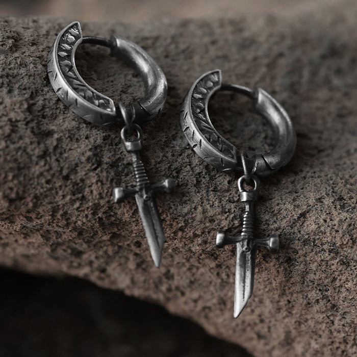 Handcrafted 925 Silver Viking Sword Hoop Drop Earrings