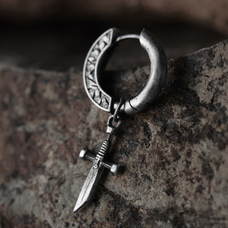 Handcrafted 925 Silver Viking Sword Hoop Drop Earrings