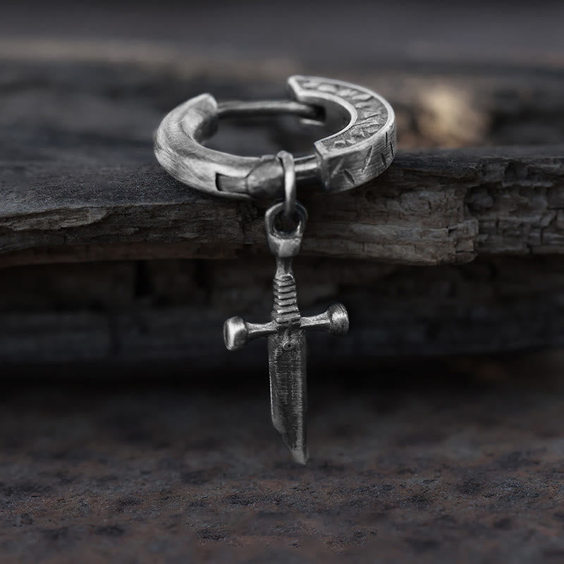Handcrafted 925 Silver Viking Sword Hoop Drop Earrings