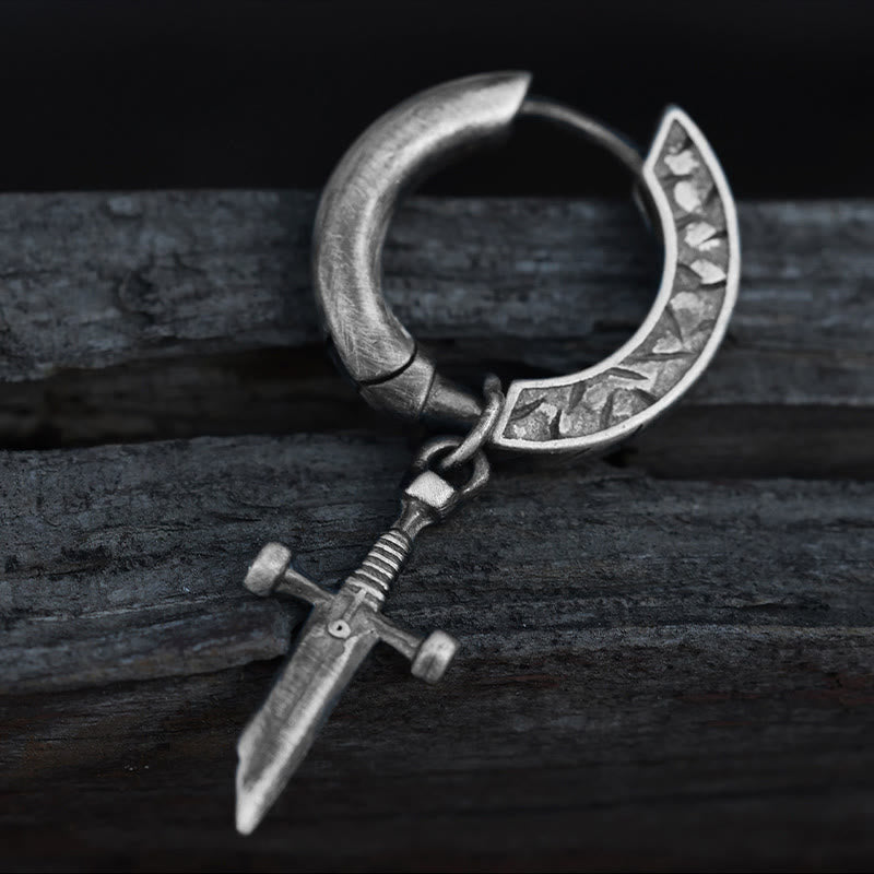 Handcrafted 925 Silver Viking Sword Hoop Drop Earrings