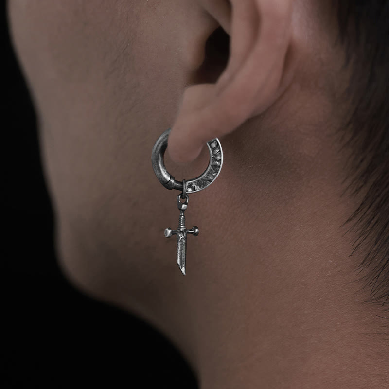 Handcrafted 925 Silver Viking Sword Hoop Drop Earrings