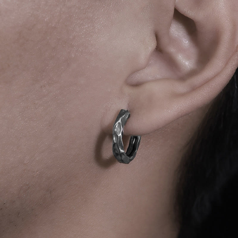 Handcrafted 925 Silver Hammered Rock Hoop Earrings