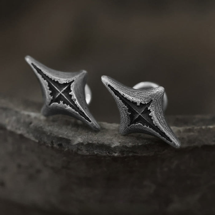 Handcrafted 999 Silver Four Pointed Star Carved Earrings