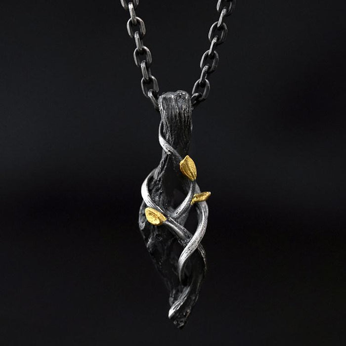 Handcrafted 999 Silver Withered Wood Twisted Vine Gold Leaf Necklace
