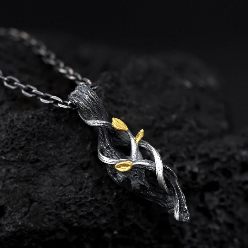 Handcrafted 999 Silver Withered Wood Twisted Vine Gold Leaf Necklace
