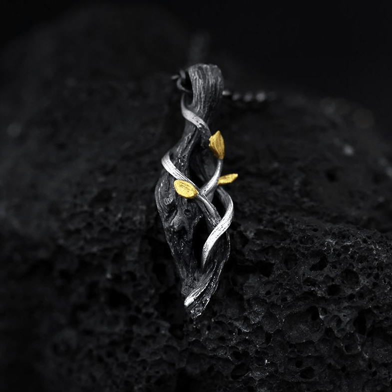 Handcrafted 999 Silver Withered Wood Twisted Vine Gold Leaf Necklace
