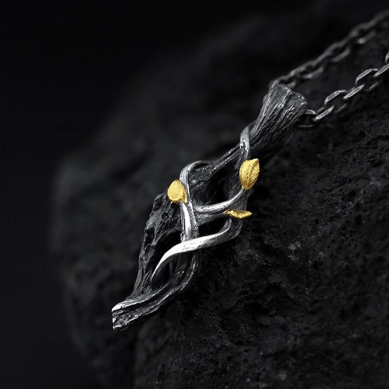 Handcrafted 999 Silver Withered Wood Twisted Vine Gold Leaf Necklace