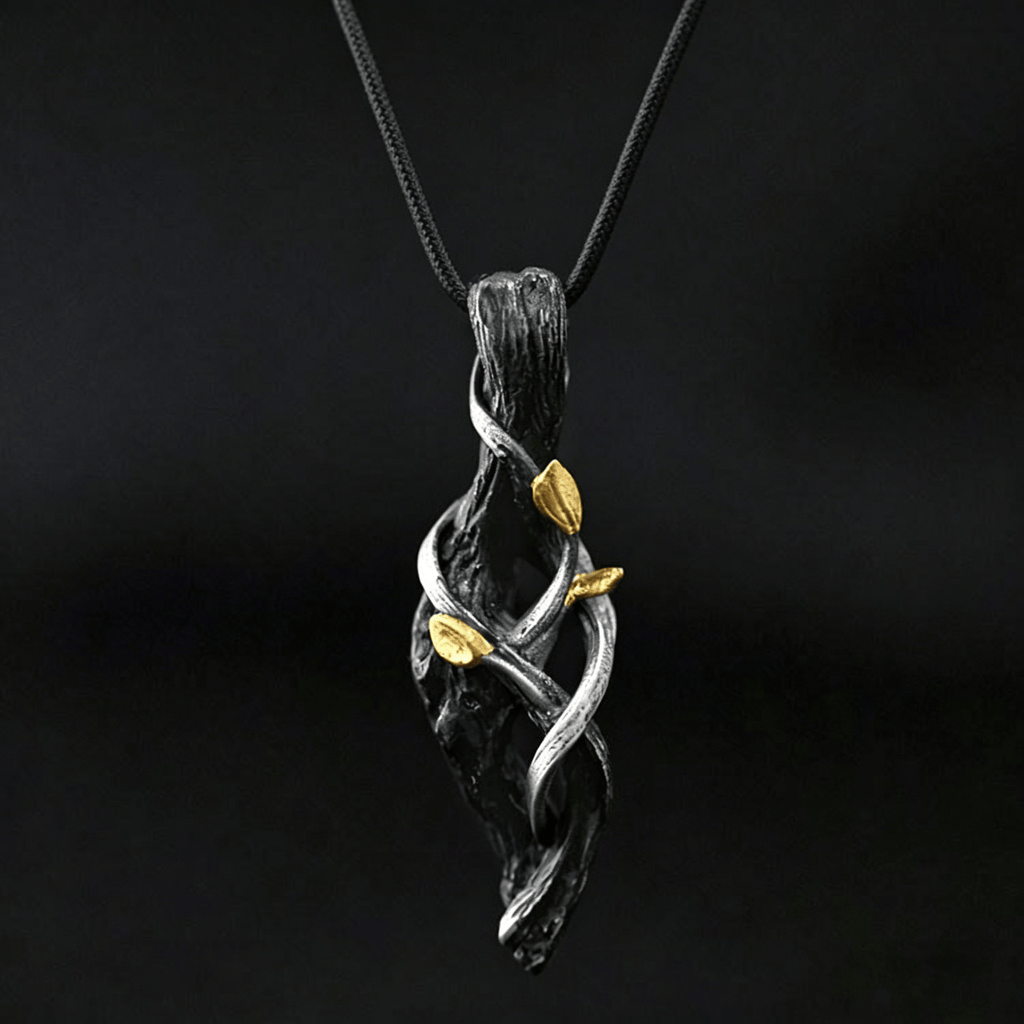 Handcrafted 999 Silver Withered Wood Twisted Vine Gold Leaf Necklace