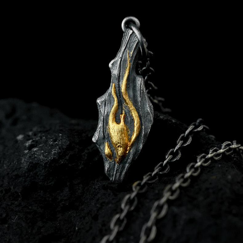 Handcrafted 999 Silver Fire Textured Gilded Pendant Necklace