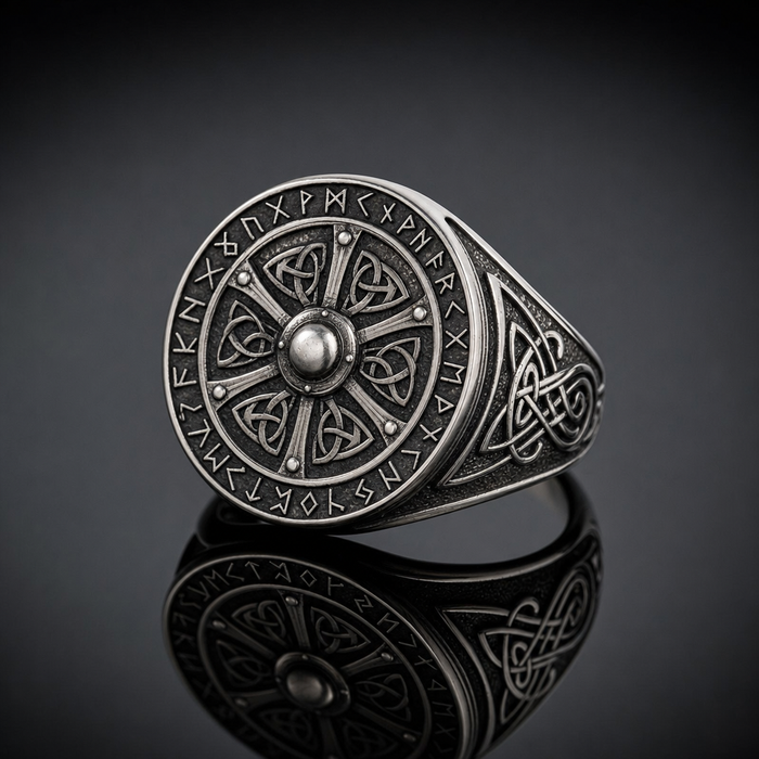 Viking Shield Signet Ring with Runes