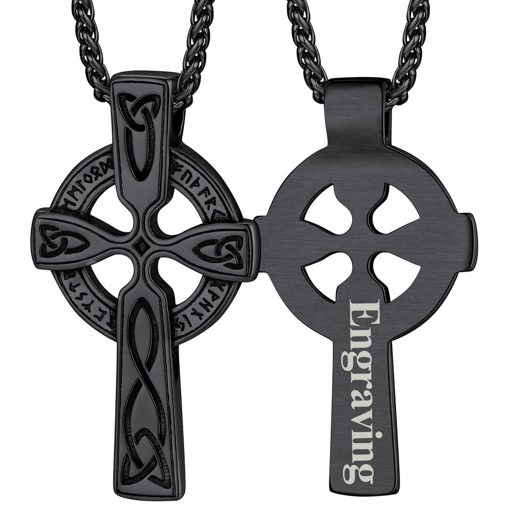 Irish Celtic Cross Pendant Necklace with Viking Runes for Men