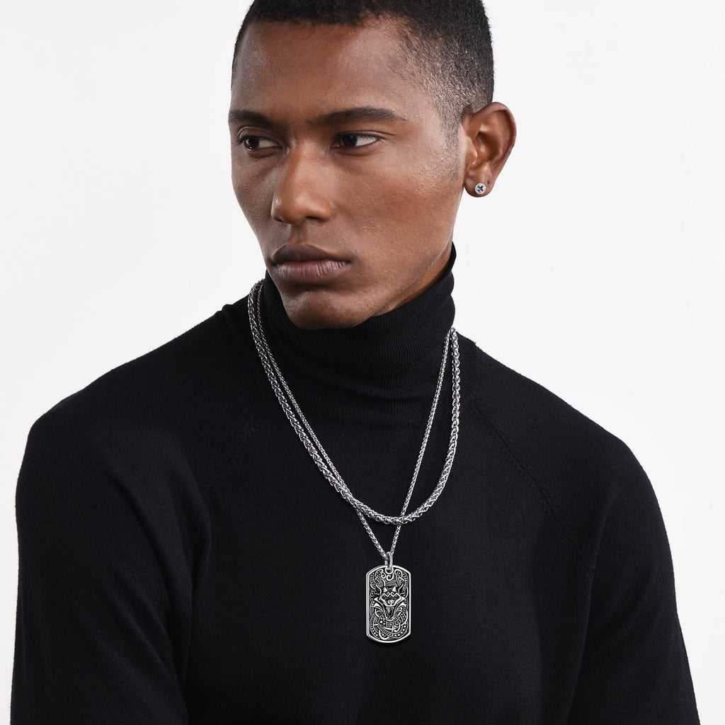 Engraved Viking Celtic Wolf Dog Tag Necklace for Men