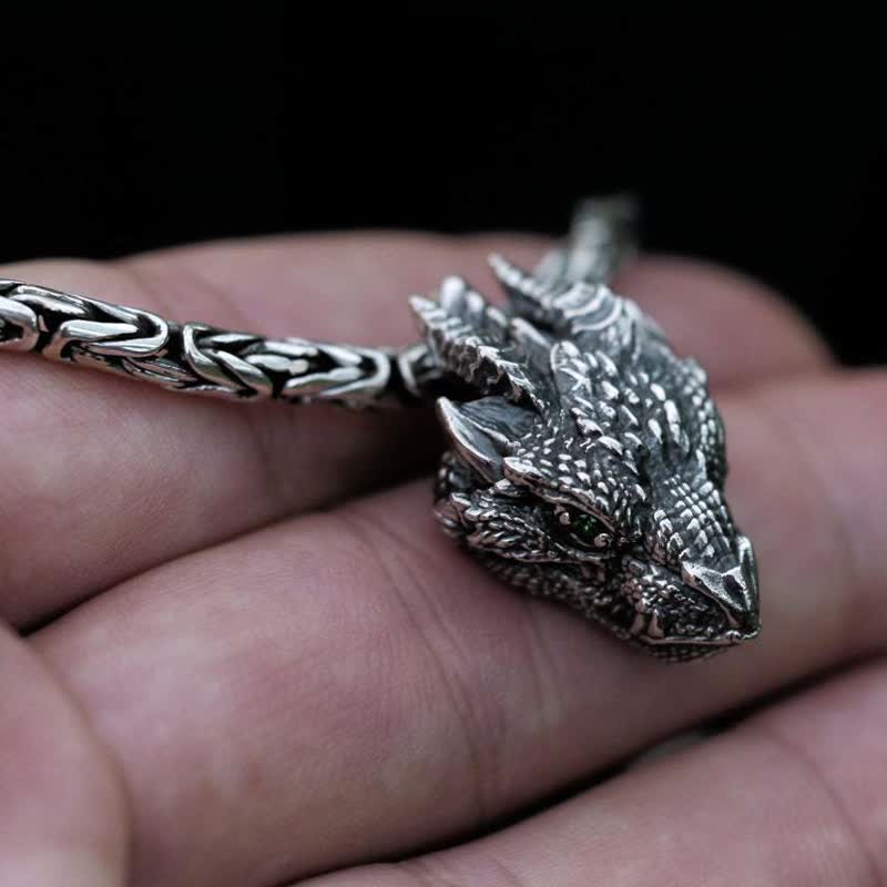 Men's Viking Green Eye Dragon Head Necklace