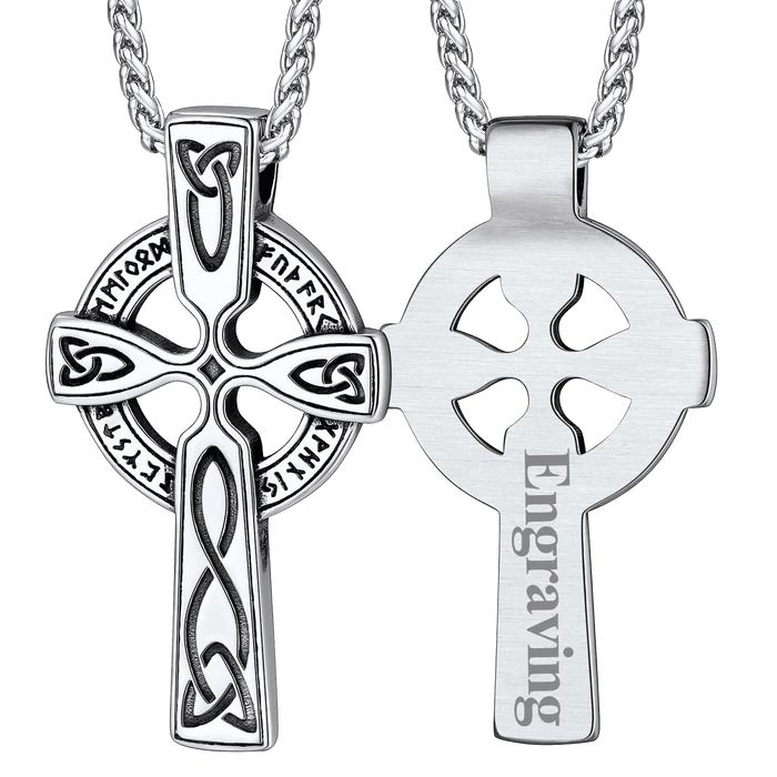 Irish Celtic Cross Pendant Necklace with Viking Runes for Men