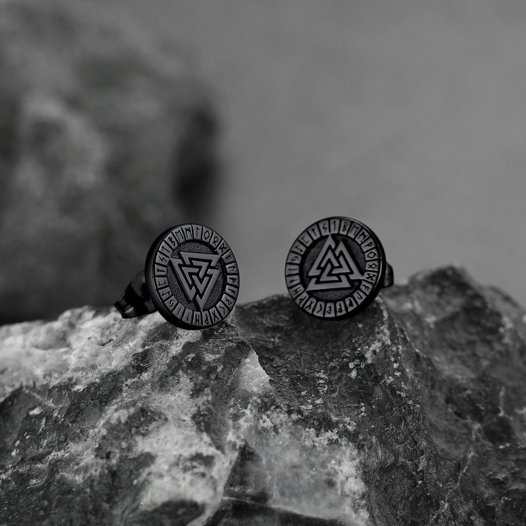 Viking Valknut Black Stud Earrings For Men With Runes