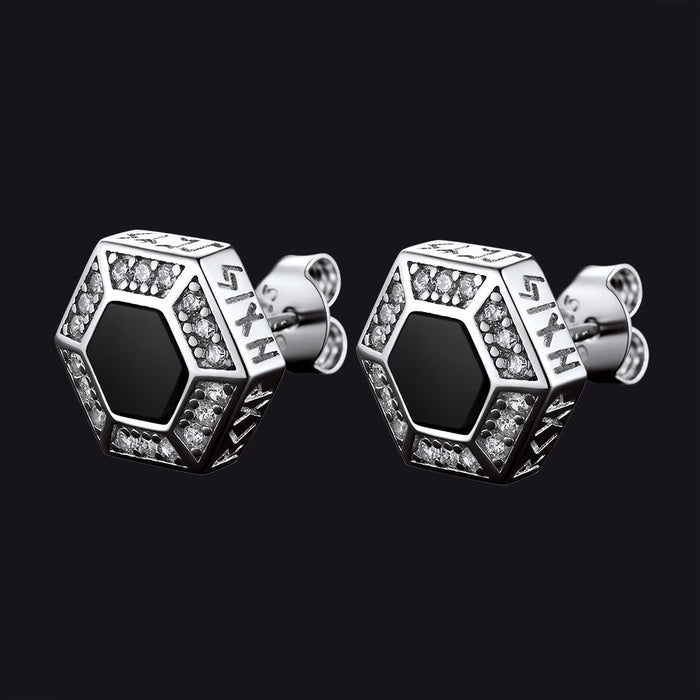 Viking Rune Hexagon Black Onyx Stud Earrings for Men