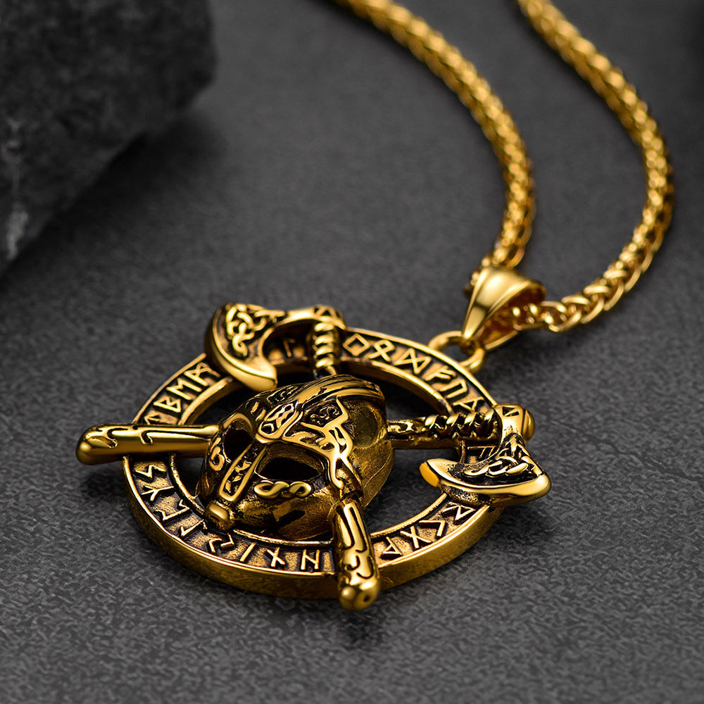 Viking Axe Helmet Pendant Necklace For Men With Runes