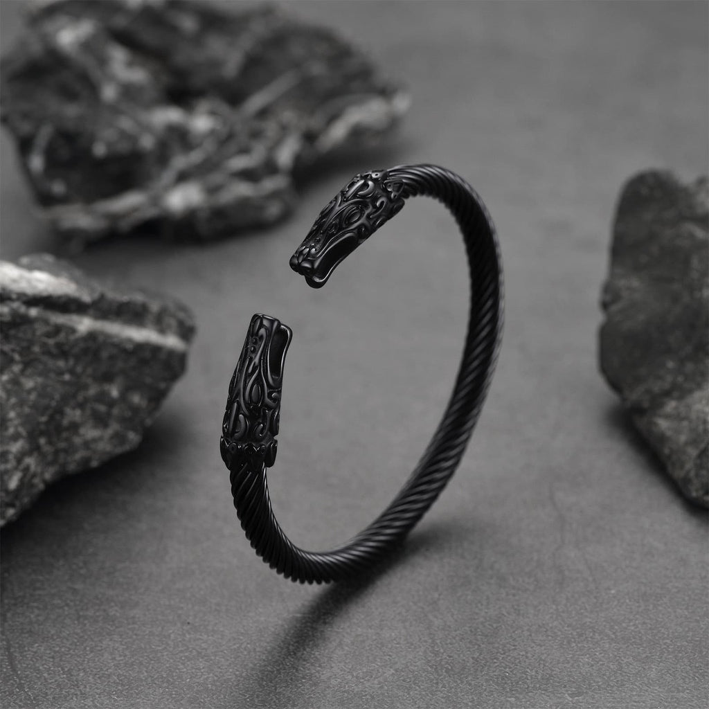 Viking Bracelet Norse Wolf Heads Cuff Bangle For Men