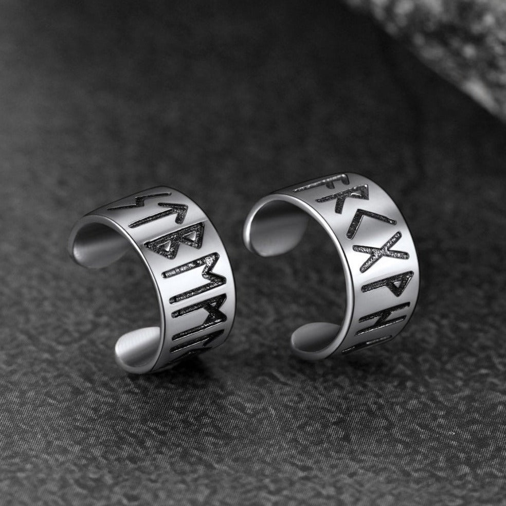 Norse Viking Runes Ear Cuff Earrings for Men in Sterling Silver