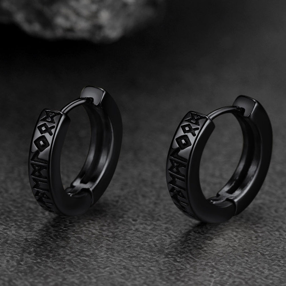 Norse Viking Rune Hoop Earrings & Circle Leather Necklace Set For Men